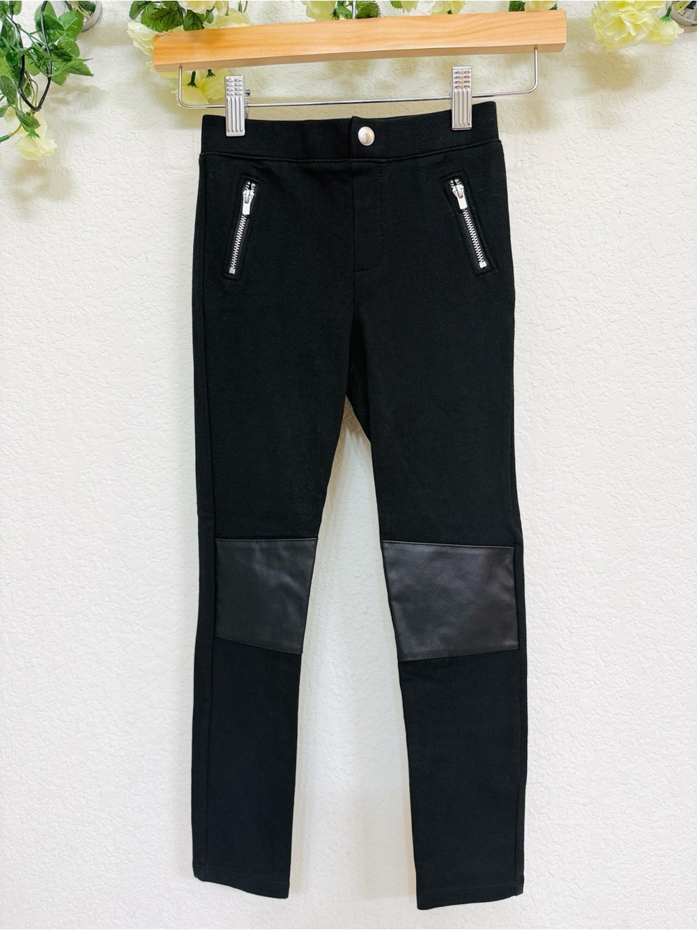 H&M • Girls 6X Black Moto Leggings Faux Leather Knee Zip Pocket Accents
